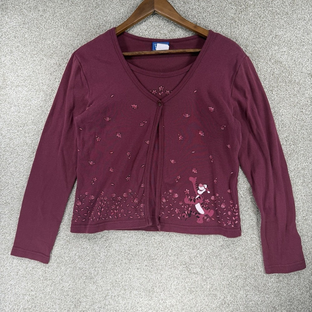 VTG 90s Disney Pooh Tigger Open Front Sweater Shirt Burgundy Pink Y2K Large